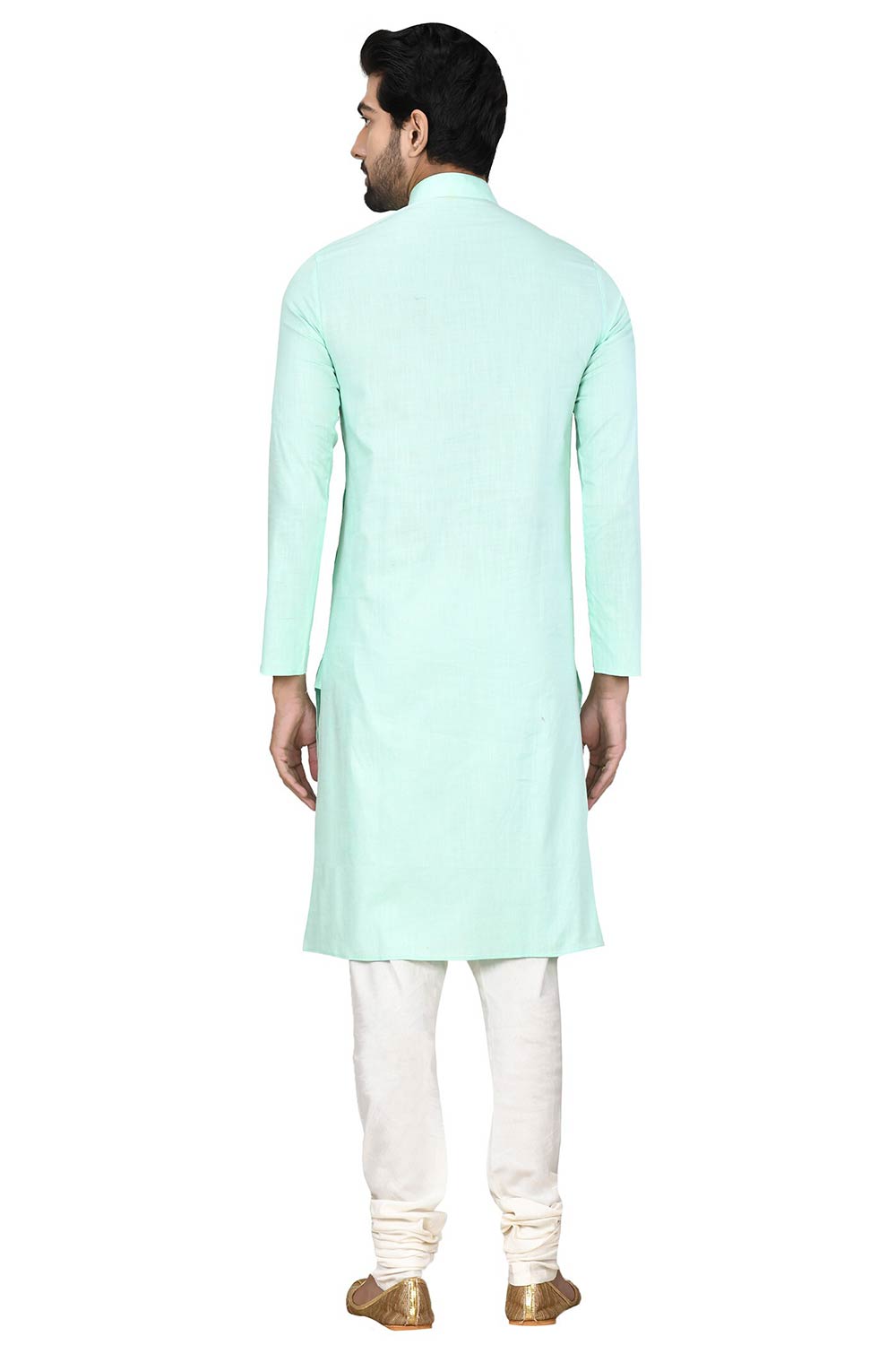 Men's Sea Green Silk Embroidered Full Sleeve Kurta Churidar