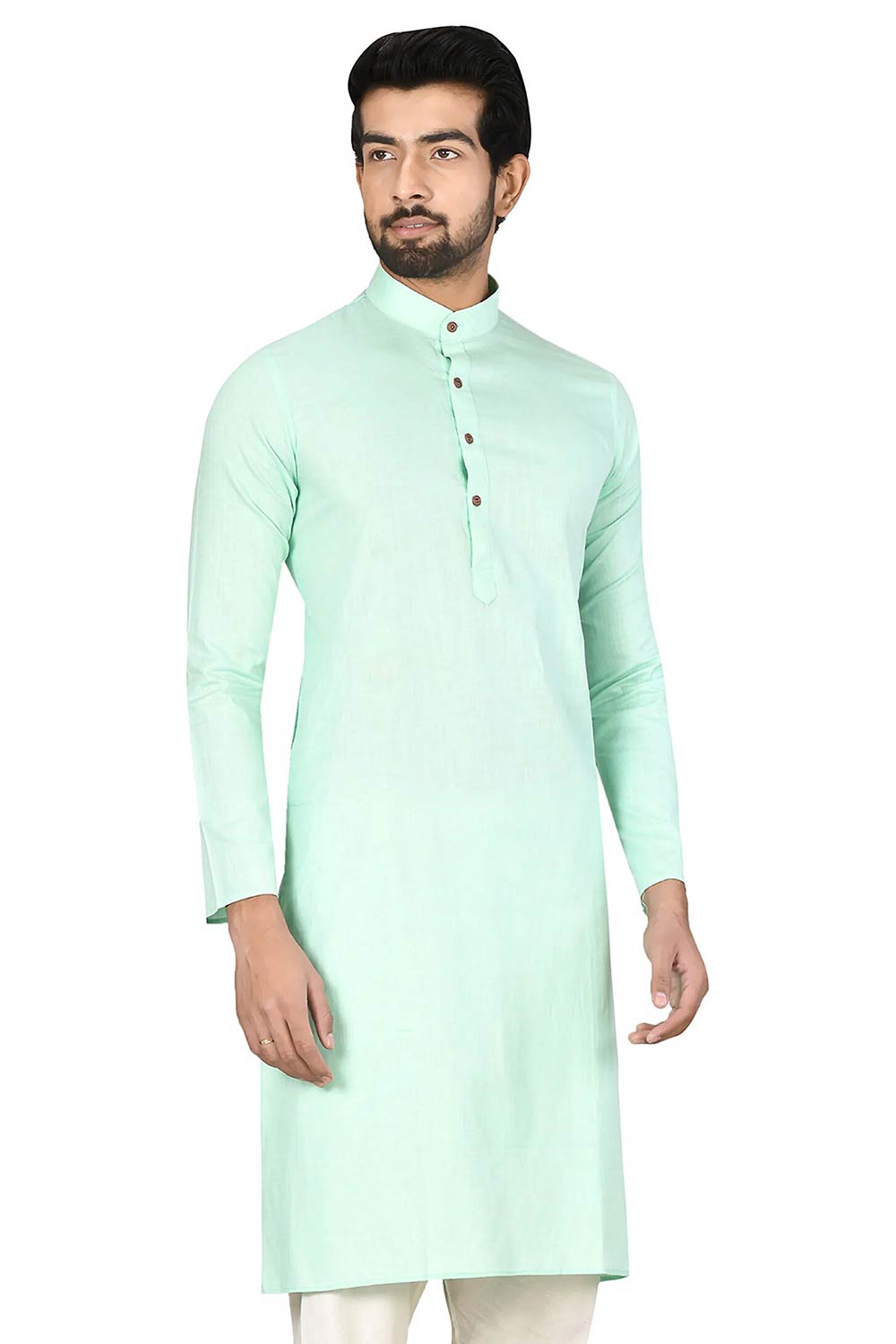 Men's Sea Green Silk Embroidered Full Sleeve Kurta Churidar