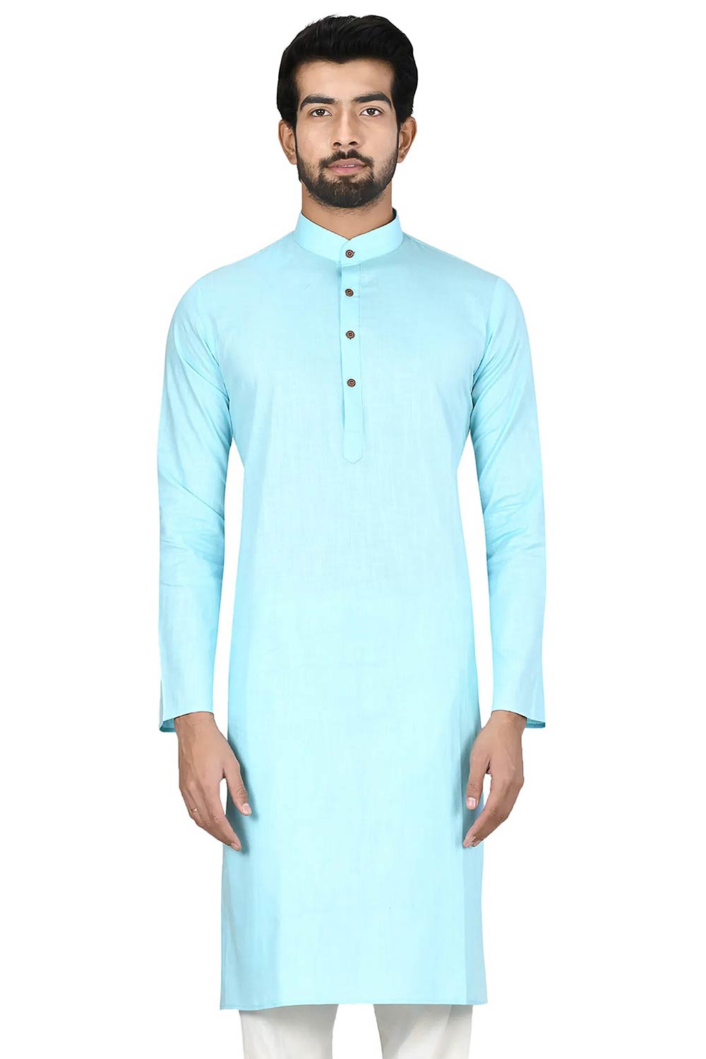 Men's Firozi Cotton Embroidered Full Sleeve Kurta Churidar