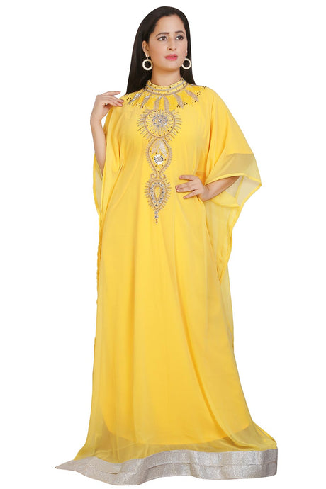 Buy Georgette Embellished Kaftan Gown in Light Yellow Online