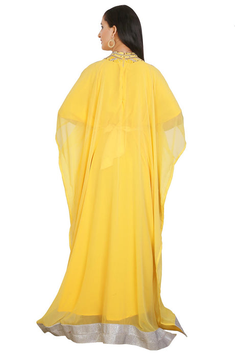Buy Georgette Embellished Kaftan Gown in Light Yellow Online - Back