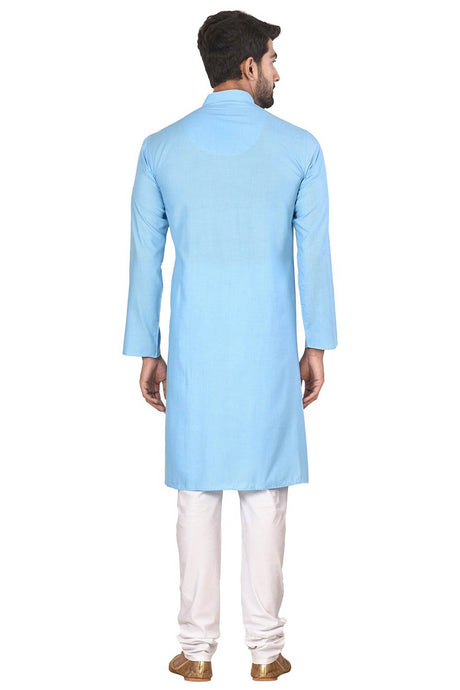 Men's Sky Blue Silk Embroidered Full Sleeve Kurta Churidar