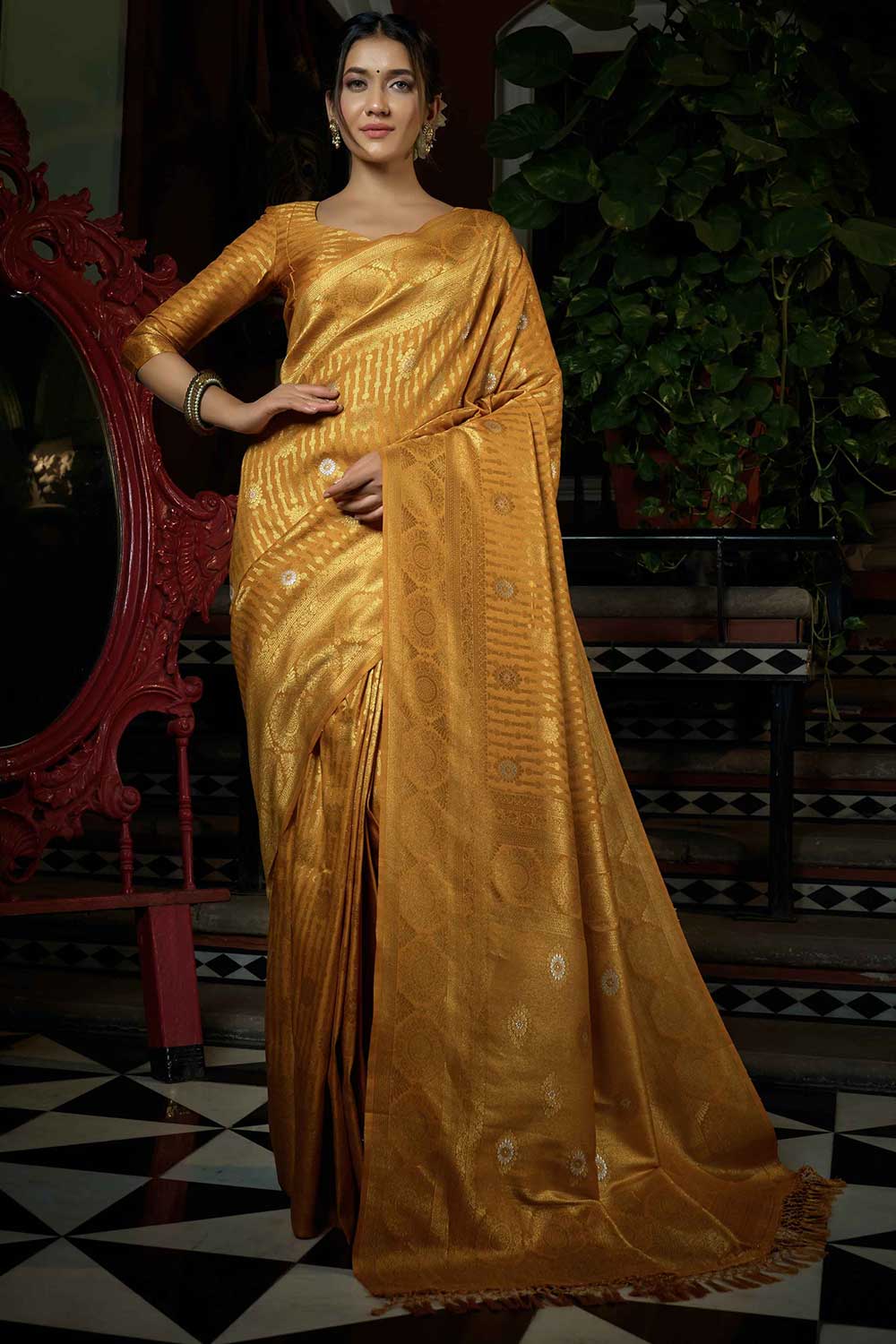 Mustard Art Silk Woven Saree