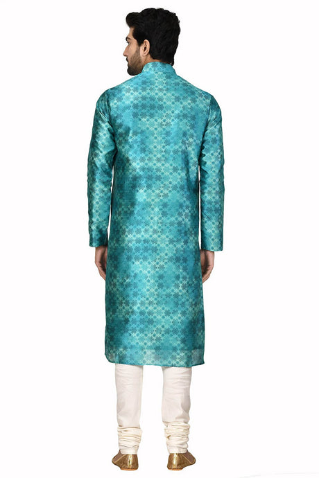 Men's Shaded Green Silk Embroidered Full Sleeve Kurta Churidar