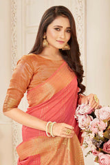 Buy Blended Cotton Woven Saree in Peach - Back