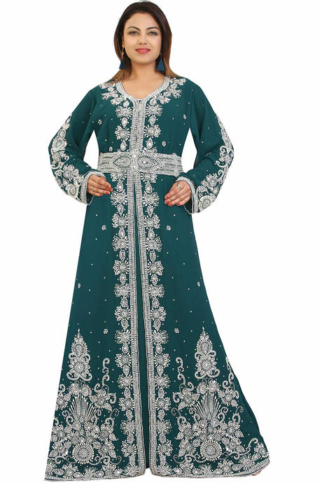 Buy Georgette Embellished Kaftan Gown in Green Online