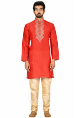 Men's Red Silk Embroidered Full Sleeve Kurta Churidar