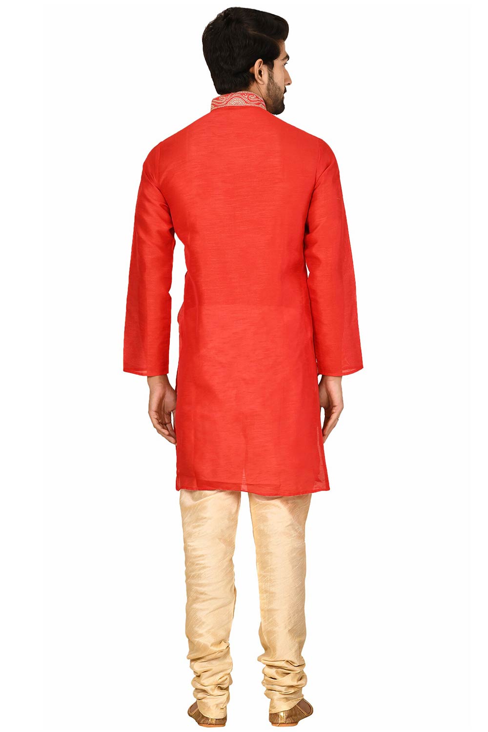 Men's Red Silk Embroidered Full Sleeve Kurta Churidar