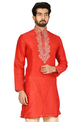 Men's Red Silk Embroidered Full Sleeve Kurta Churidar