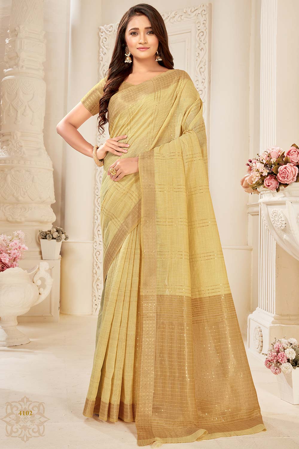 Buy Blended Cotton Woven Saree in Beige Online