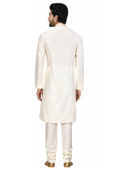 Men's Cream Silk Embroidered Full Sleeve Kurta Churidar