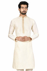 Men's Cream Silk Embroidered Full Sleeve Kurta Churidar