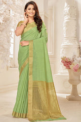 Buy Blended Cotton Woven Saree in Light Green Online