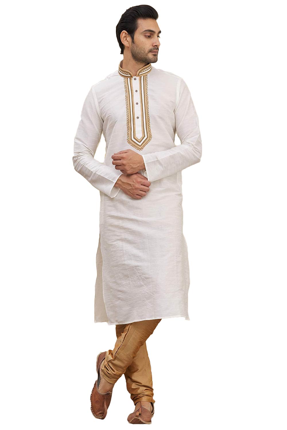 Men's Cream Cotton Embroidered Full Sleeve Kurta Churidar