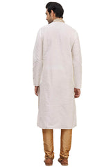 Men's Cream Cotton Embroidered Full Sleeve Kurta Churidar