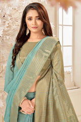 Buy Blended Cotton Woven Saree in Light Blue - Back