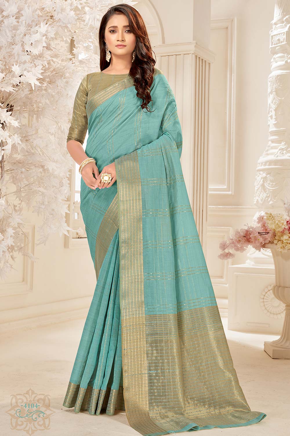 Buy Blended Cotton Woven Saree in Light Blue Online