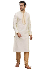 Men's Cream Silk Embroidered Full Sleeve Kurta Churidar