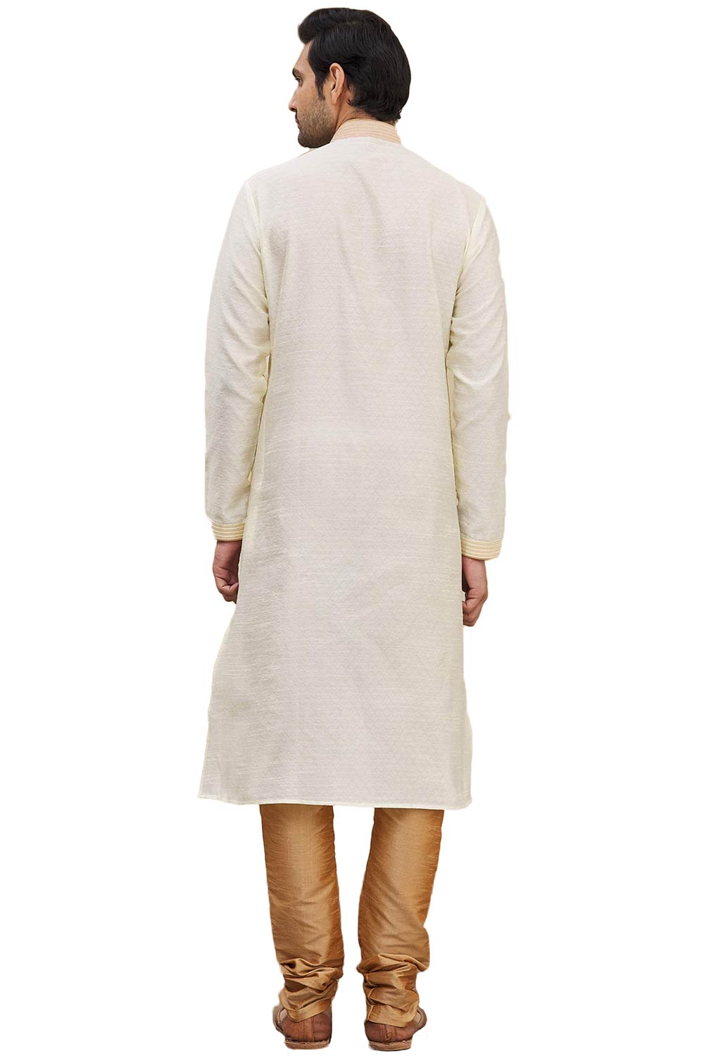 Men's Cream Silk Embroidered Full Sleeve Kurta Churidar