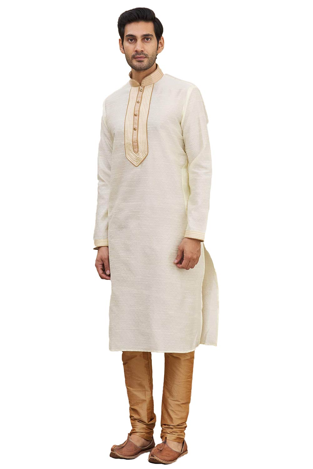 Men's Cream Silk Embroidered Full Sleeve Kurta Churidar