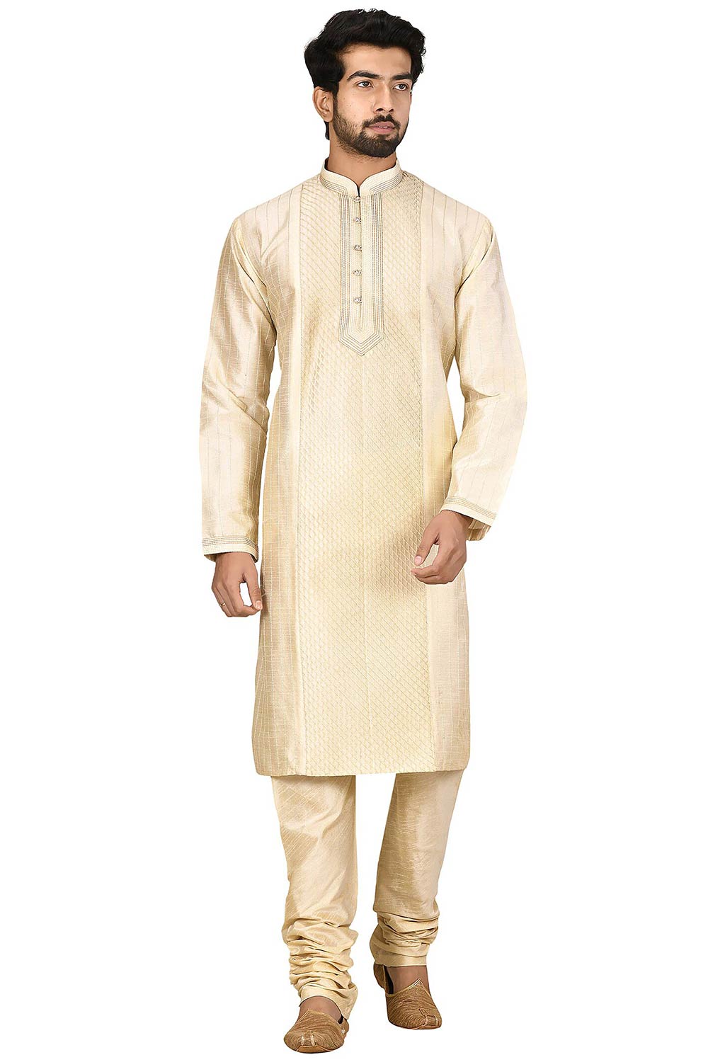 Men's Gold  Silk Embroidered Full Sleeve Kurta Churidar