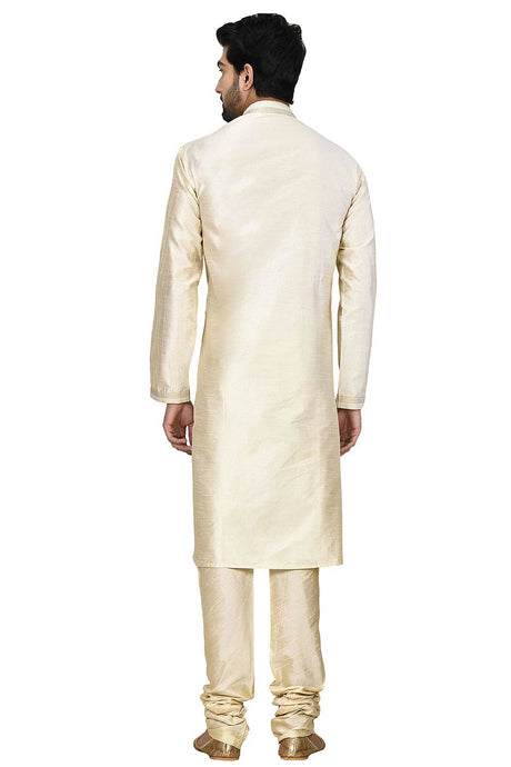 Men's Gold  Silk Embroidered Full Sleeve Kurta Churidar