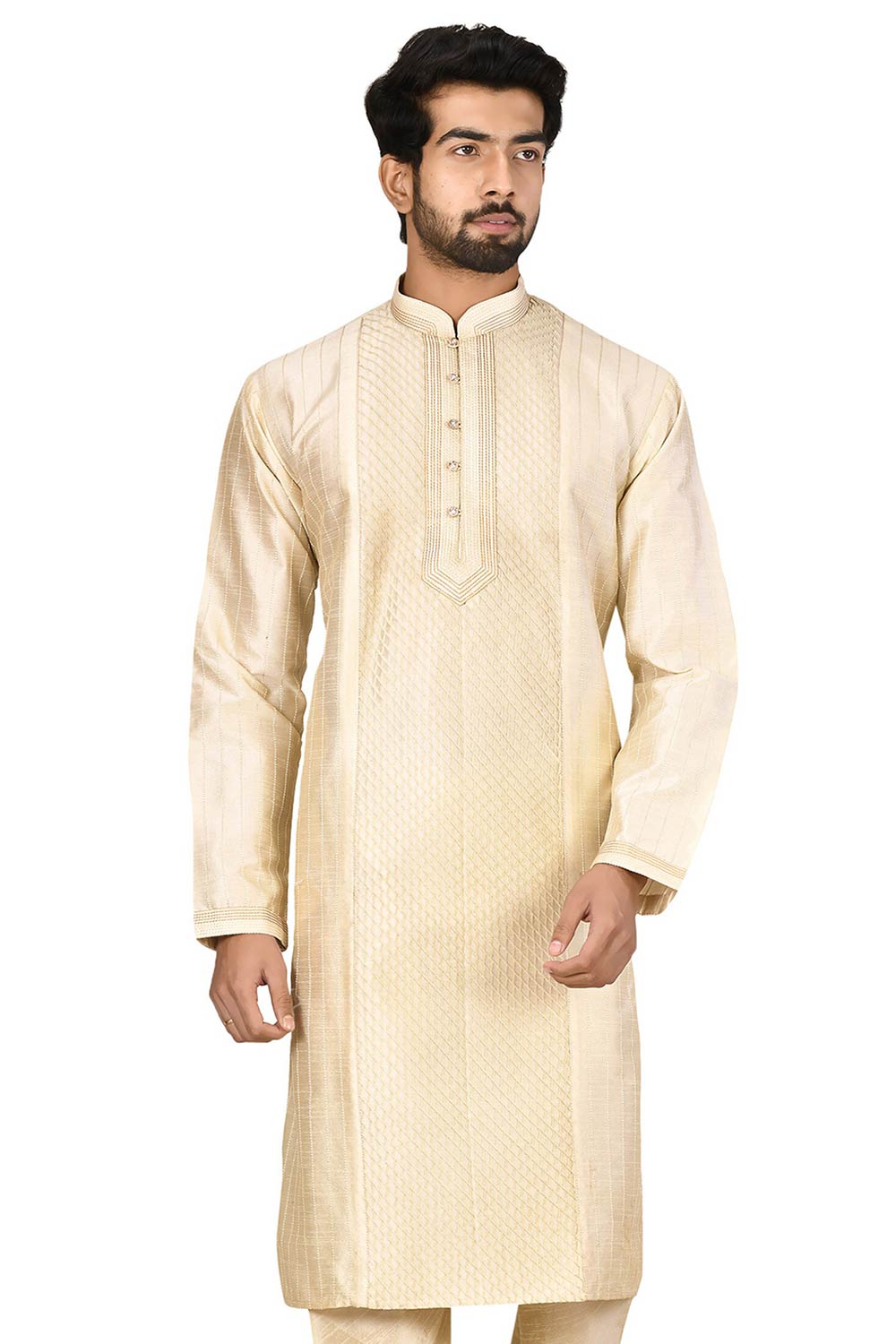 Men's Gold  Silk Embroidered Full Sleeve Kurta Churidar