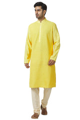 Men's Yellow Silk Embroidered Full Sleeve Kurta Churidar