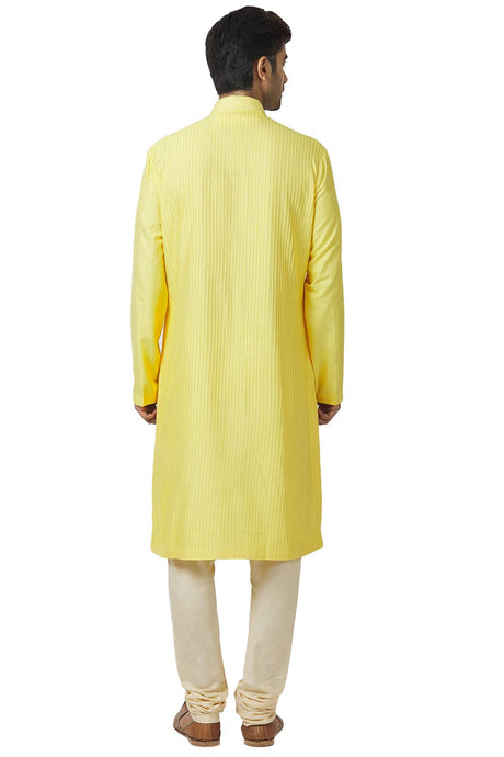 Men's Yellow Silk Embroidered Full Sleeve Kurta Churidar