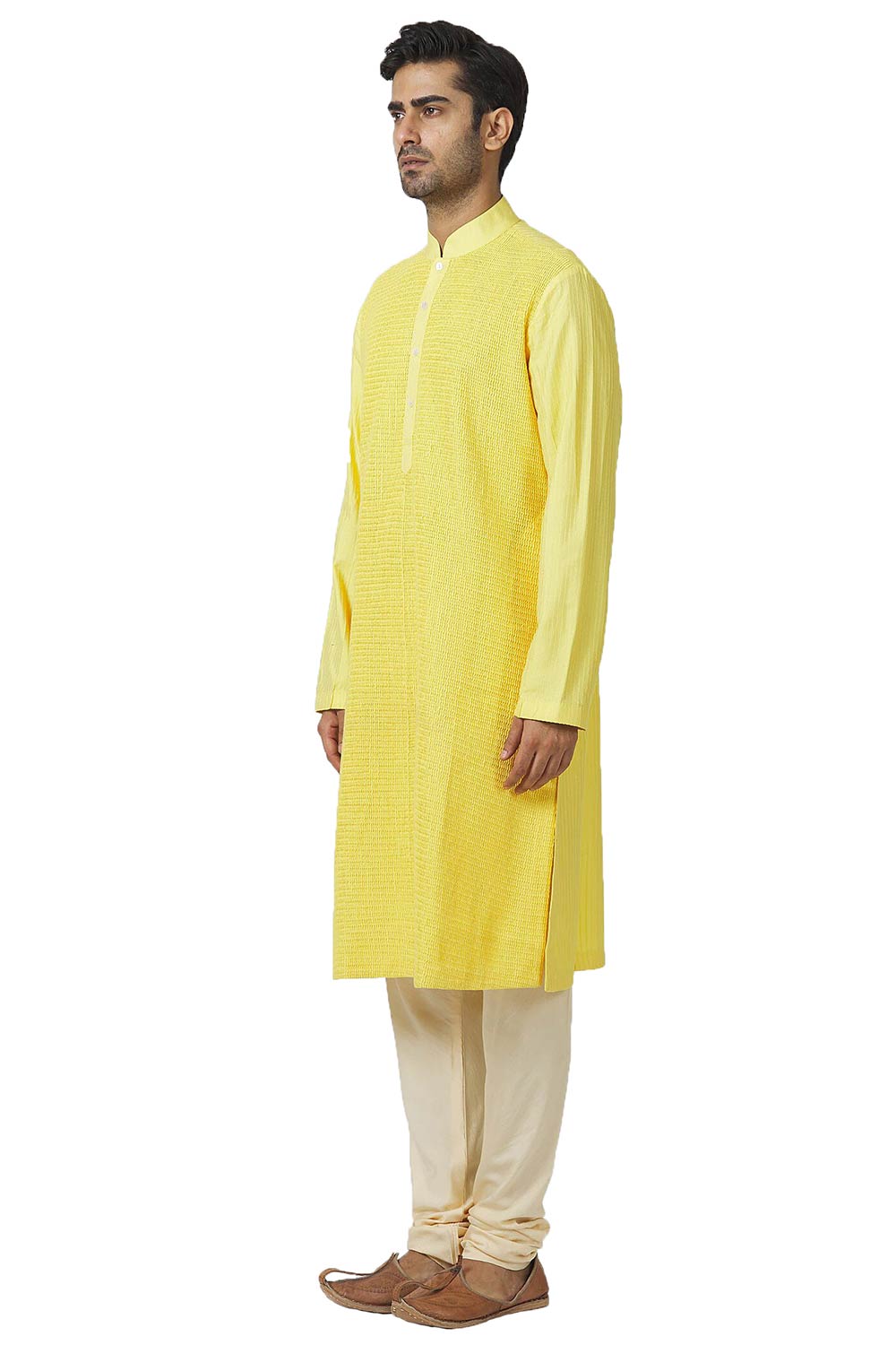 Men's Yellow Silk Embroidered Full Sleeve Kurta Churidar