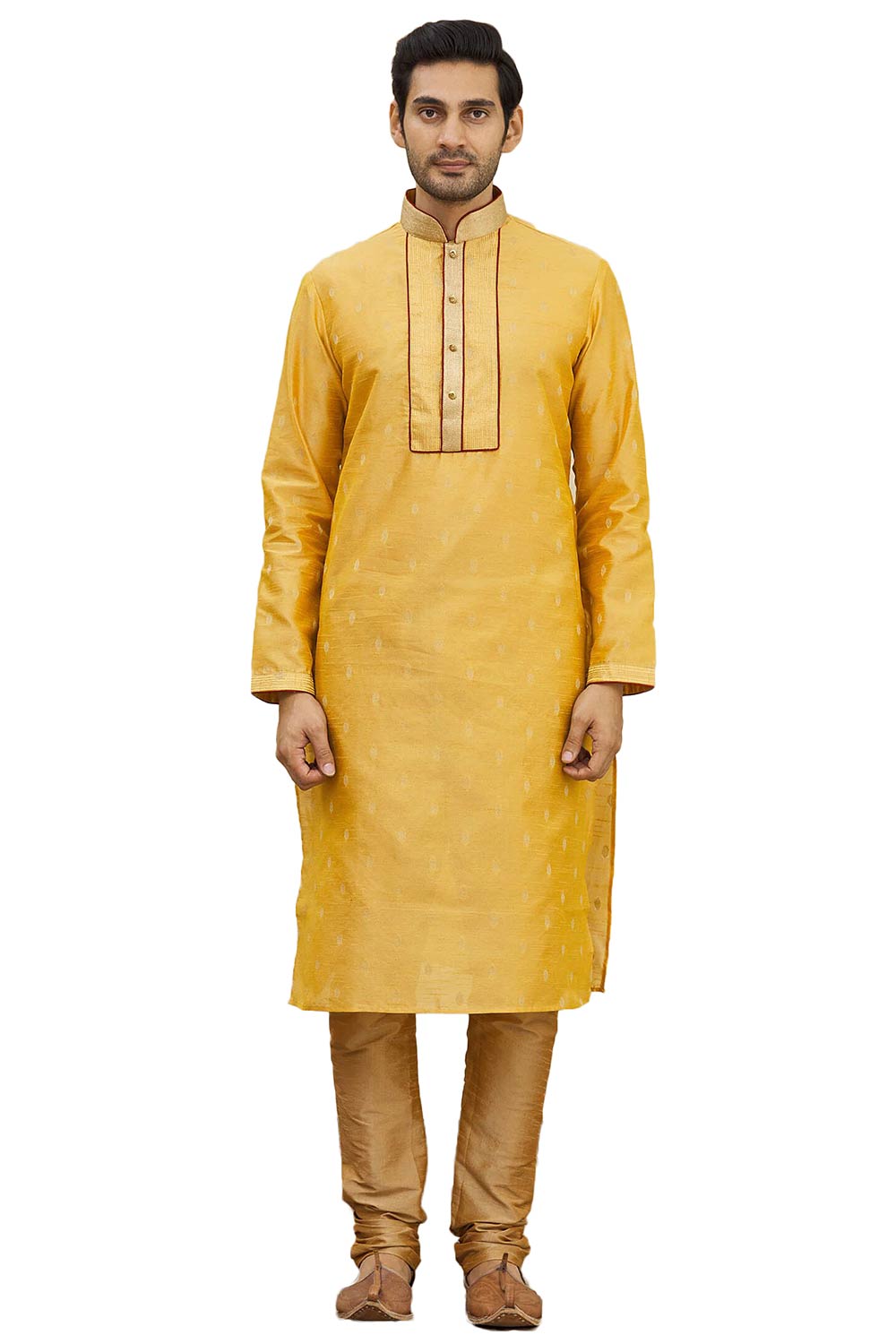 Men's Gold  Silk Embroidered Full Sleeve Kurta Churidar