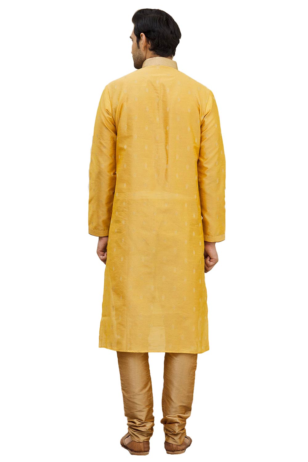 Men's Gold  Silk Embroidered Full Sleeve Kurta Churidar