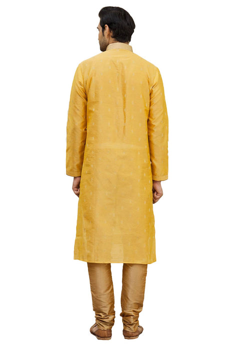 Men's Gold  Silk Embroidered Full Sleeve Kurta Churidar