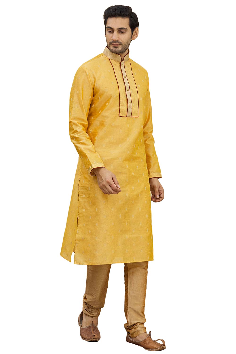 Men's Gold  Silk Embroidered Full Sleeve Kurta Churidar