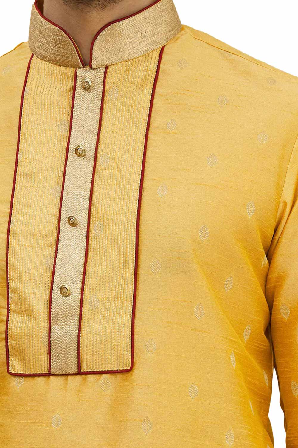 Men's Gold  Silk Embroidered Full Sleeve Kurta Churidar