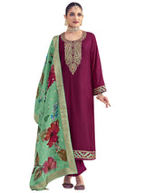 Magenta Raw Silk Embroidered Dress Material