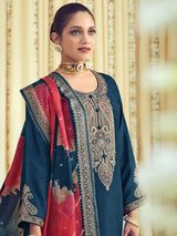 Navy Blue Raw Silk Embroidered Dress Material
