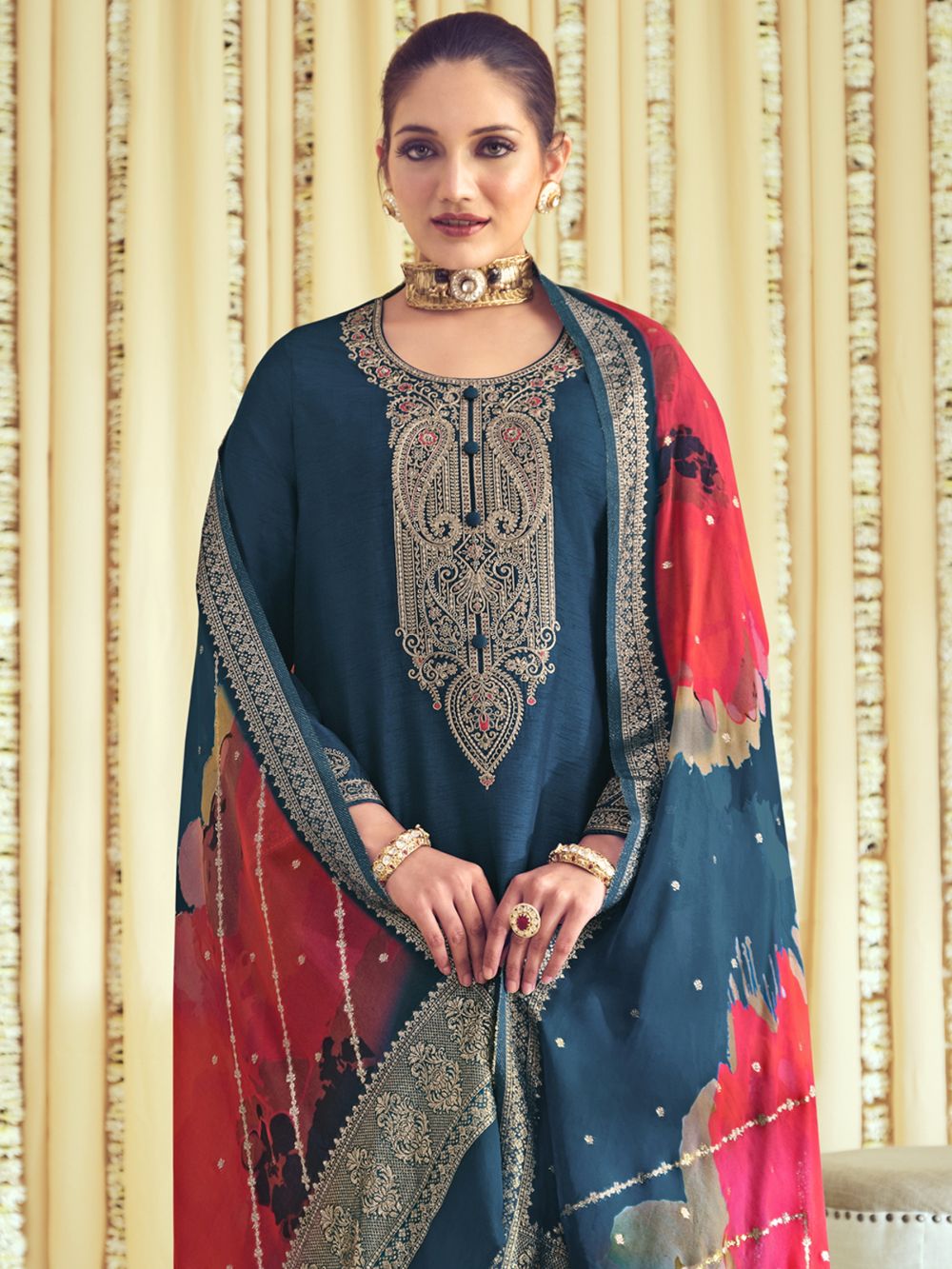Navy Blue Raw Silk Embroidered Dress Material