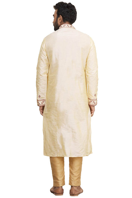 Men's Cream Silk Embroidered Full Sleeve Kurta Churidar