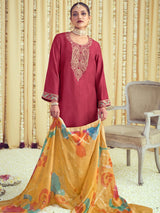 Coral Raw Silk Embroidered Dress Material