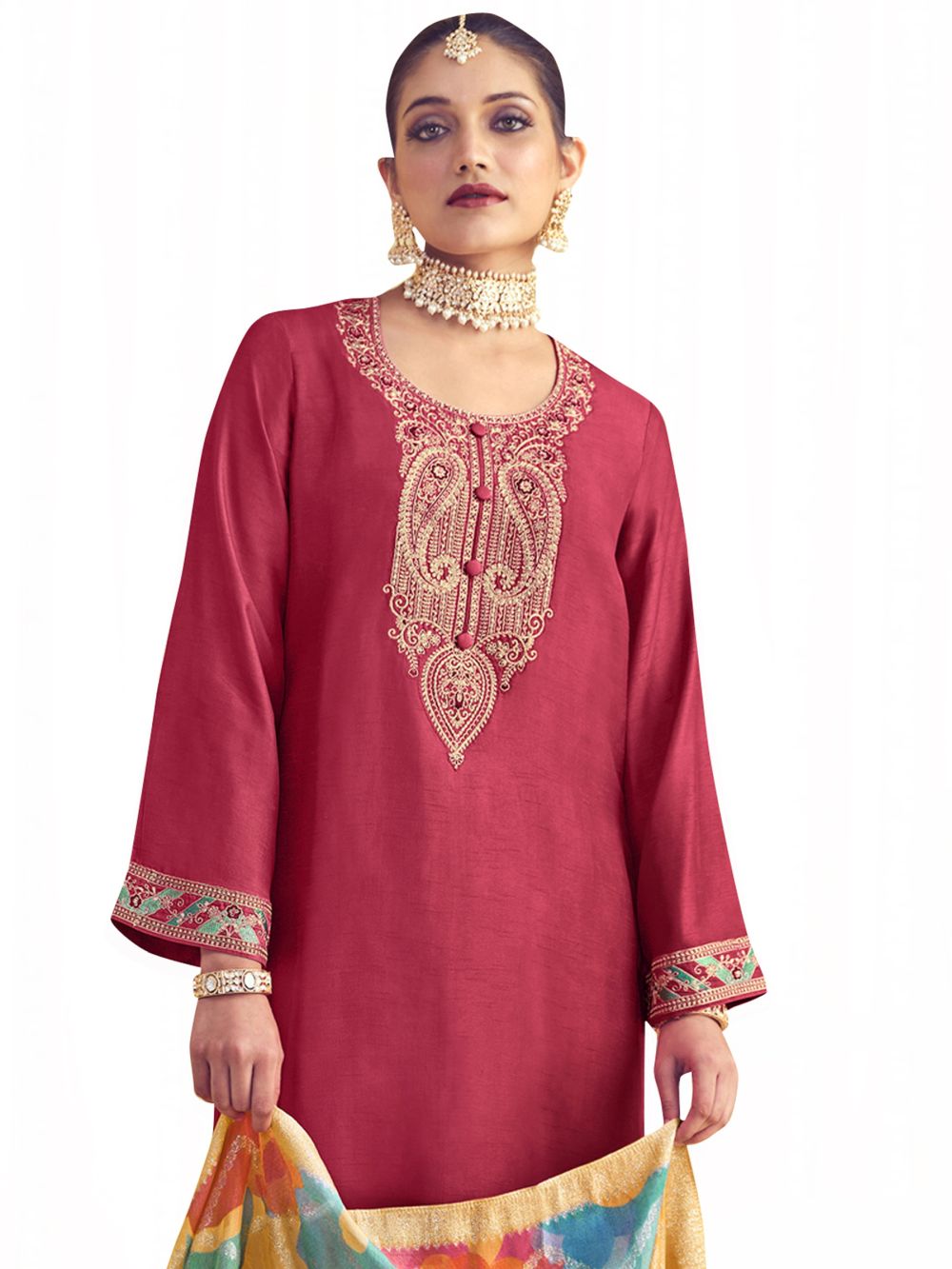 Coral Raw Silk Embroidered Dress Material