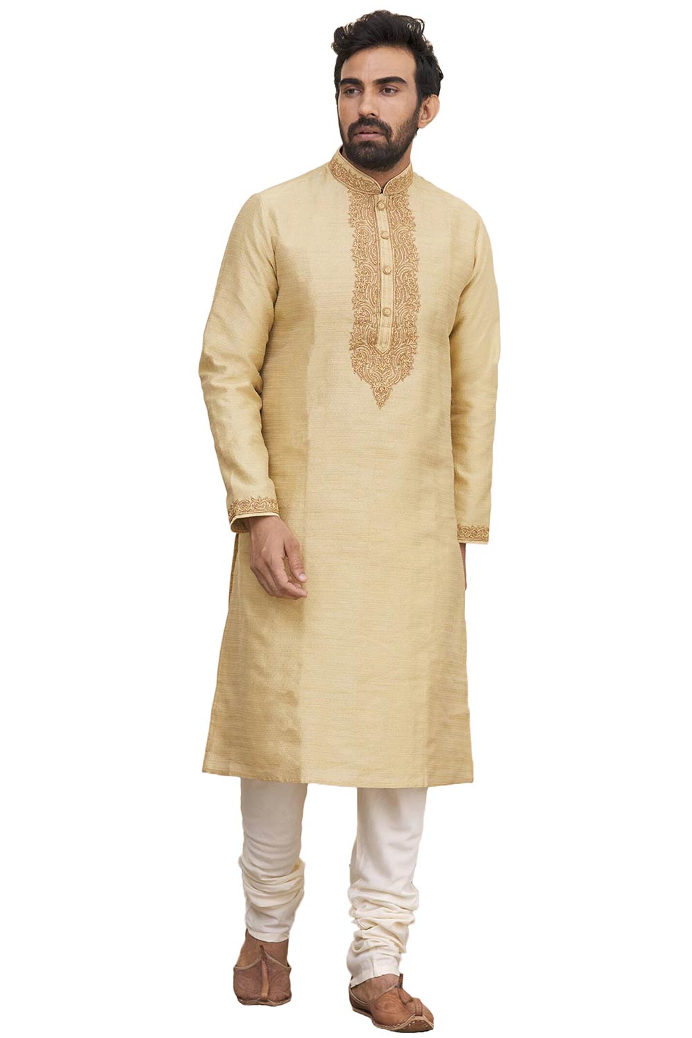 Men's Gold  Cotton Embroidered Full Sleeve Kurta Churidar