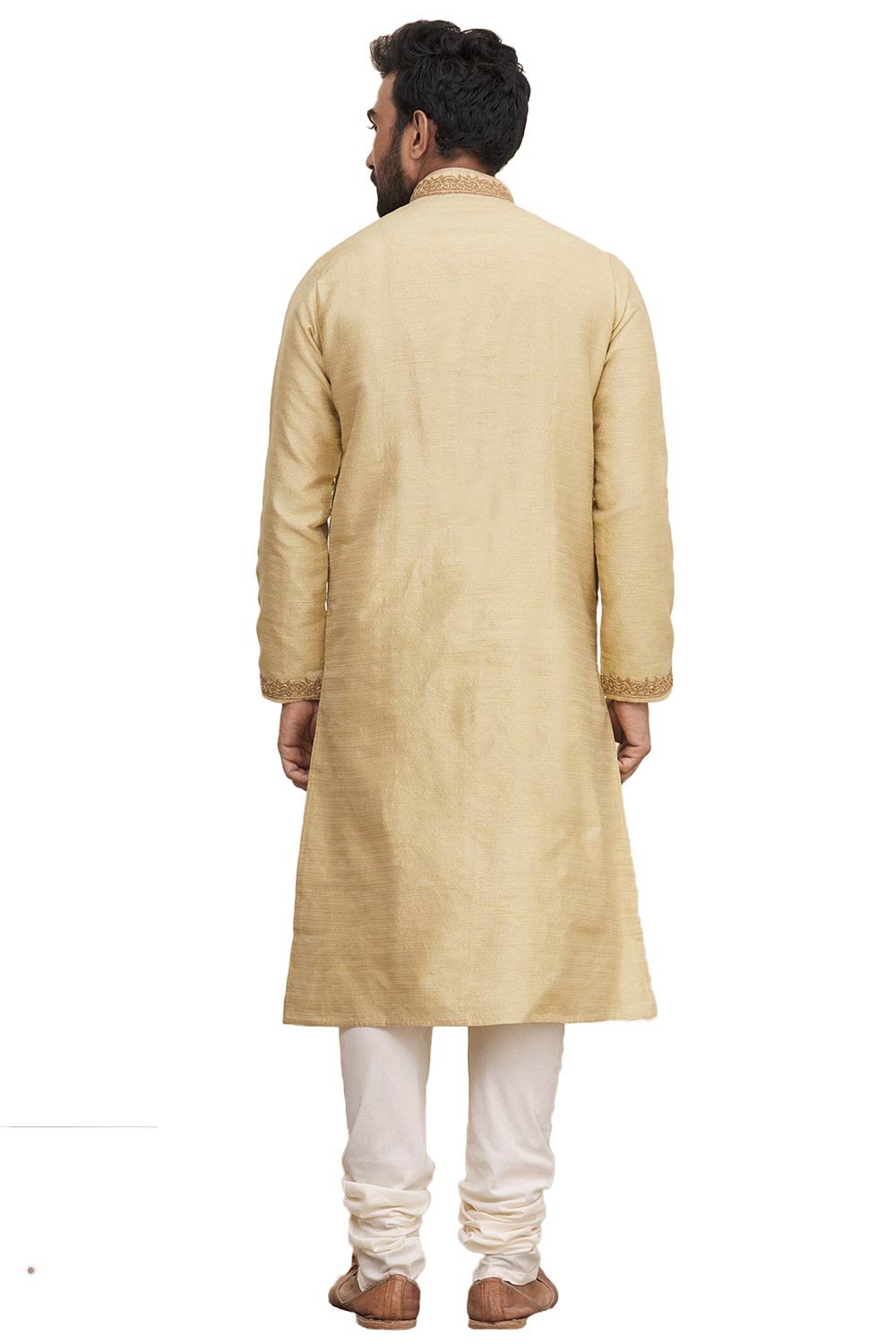 Men's Gold  Cotton Embroidered Full Sleeve Kurta Churidar