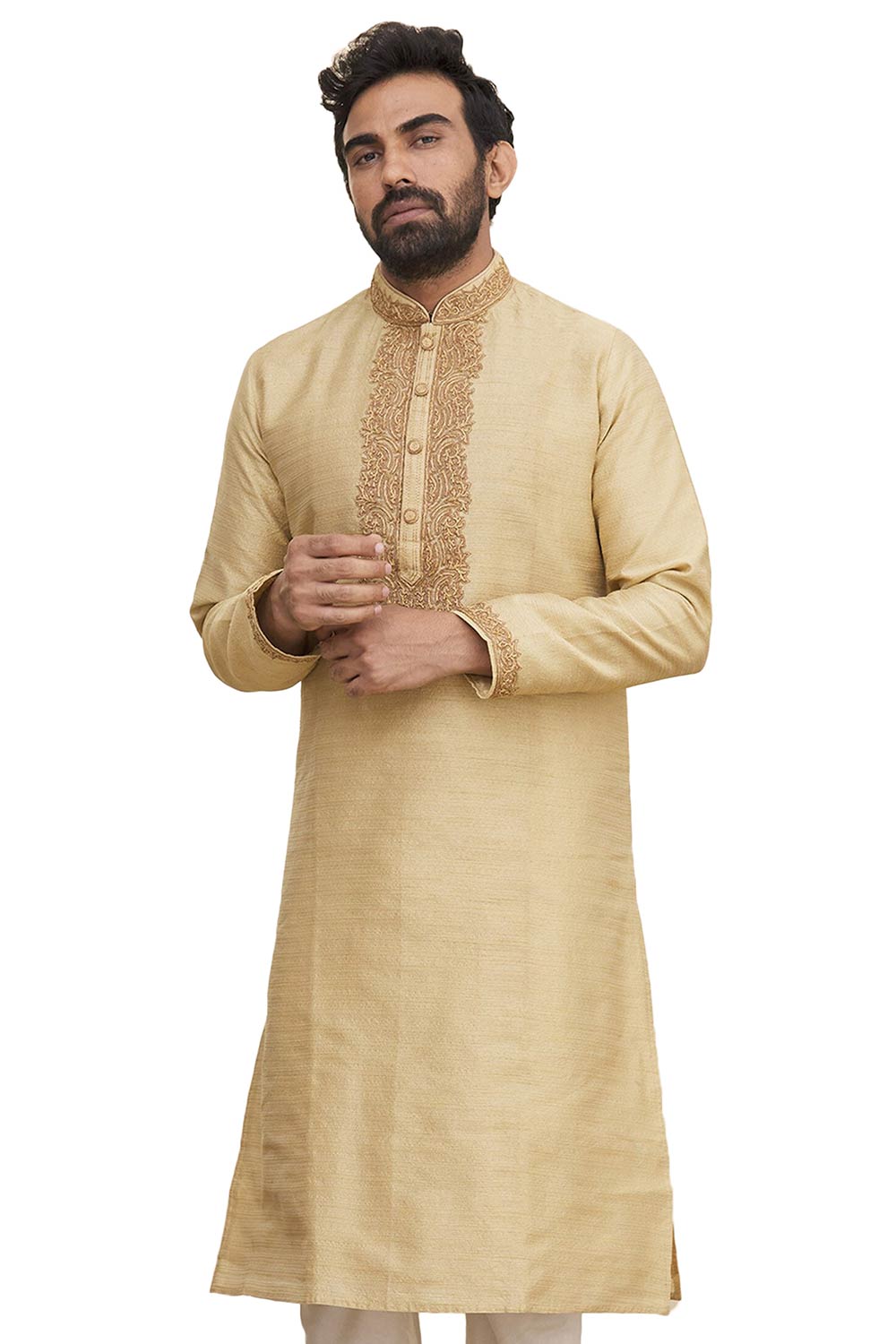 Men's Gold  Cotton Embroidered Full Sleeve Kurta Churidar