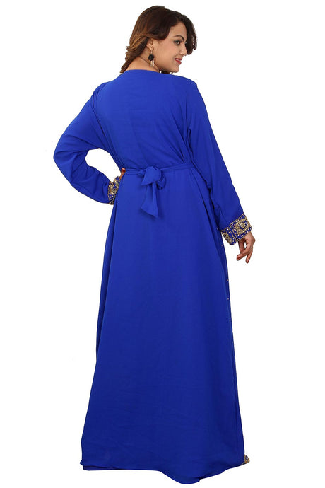 Buy Georgette Embellished Kaftan Gown in Royal Blue Online - Back