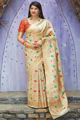 Buy Banarasi Art Silk Zari Woven Saree in Cream Online