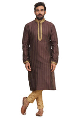 Men's Brown Silk Embroidered Full Sleeve Kurta Churidar