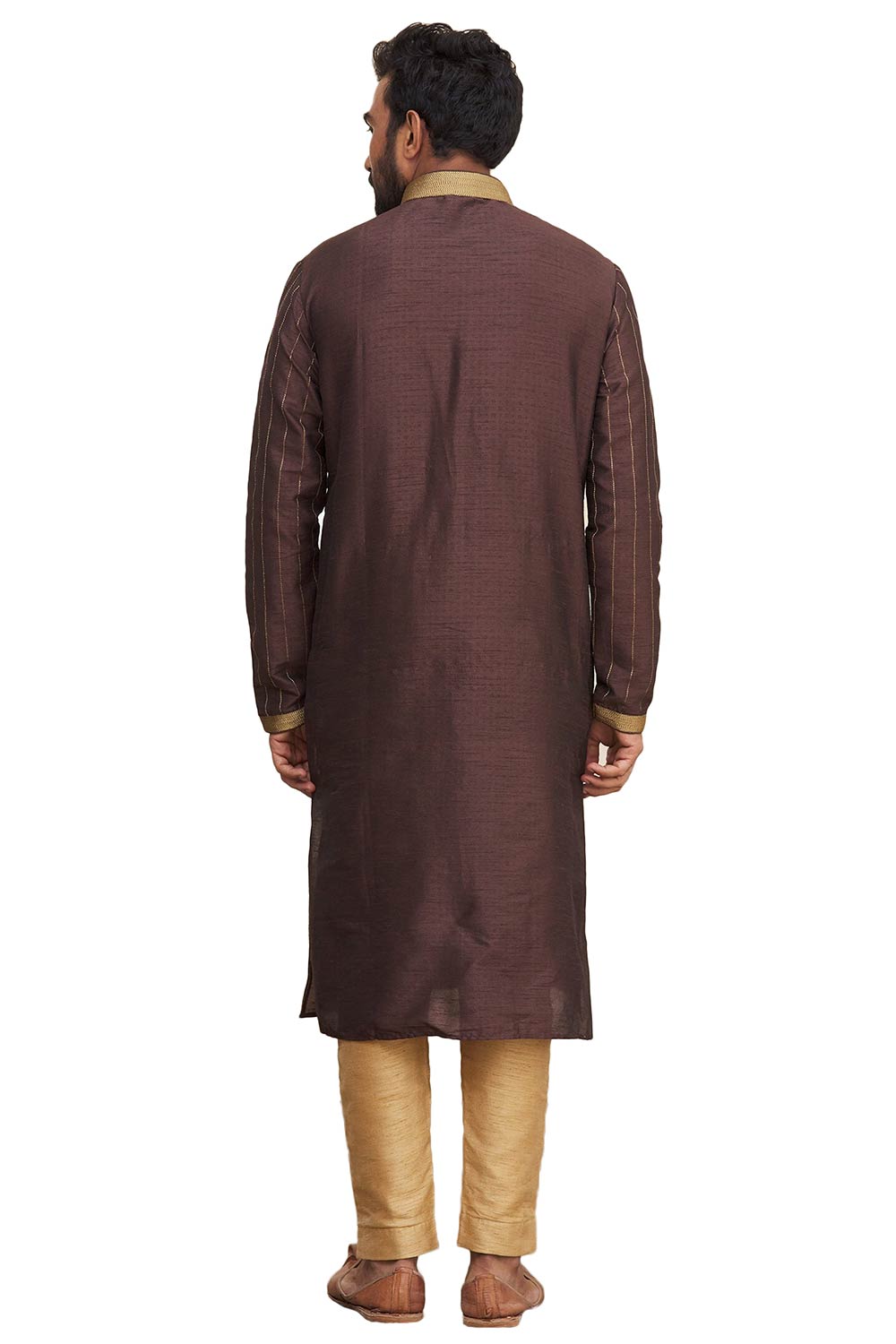 Men's Brown Silk Embroidered Full Sleeve Kurta Churidar