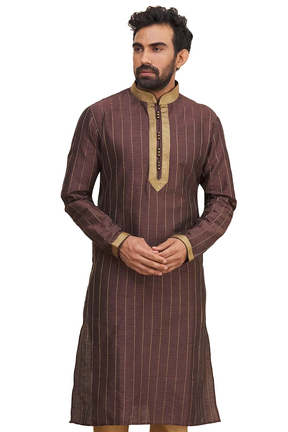 Men's Brown Silk Embroidered Full Sleeve Kurta Churidar