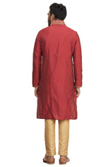 Men's Red Silk Embroidered Full Sleeve Kurta Churidar